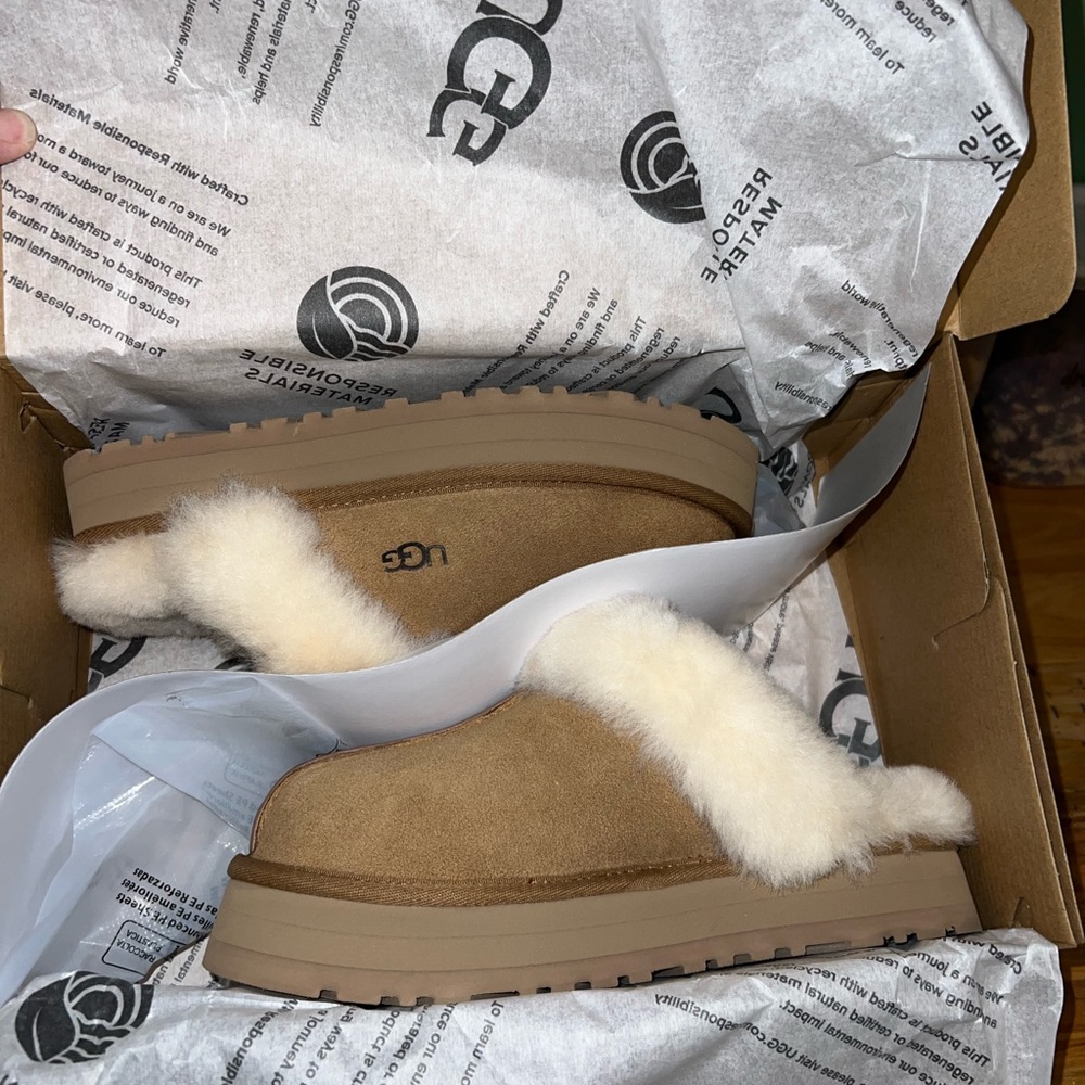 UGG Brown Slippers with White Fur. Never worn!!